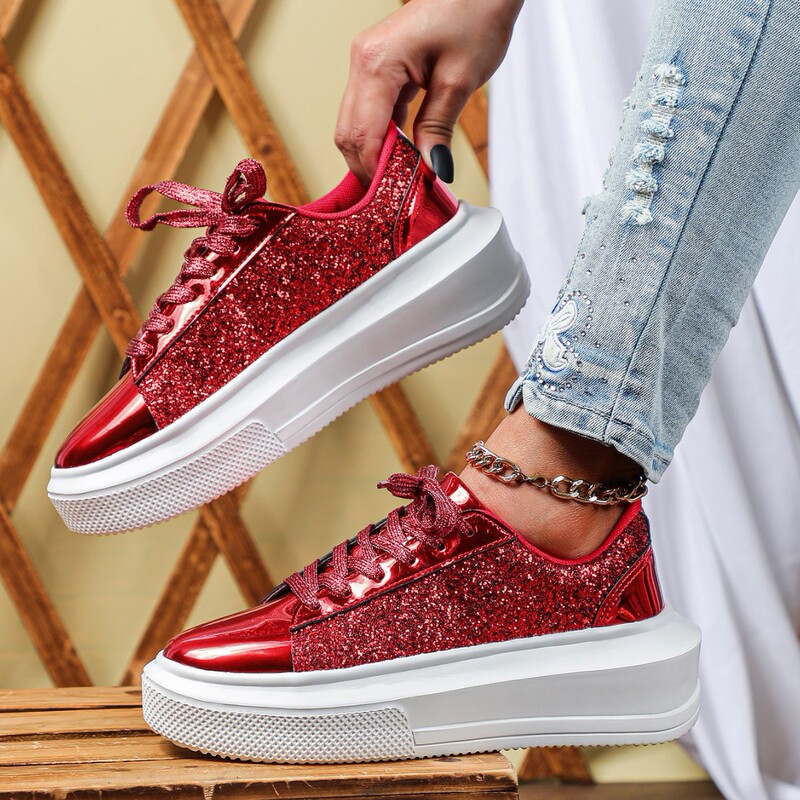 Cross-Border New Round-Toe Thick-Soled Height-Increasing Women's Shoes, Fashionable Shiny Leather Glitter European and American Casual Shoes, Outdoor Versatile Trendy Shoes