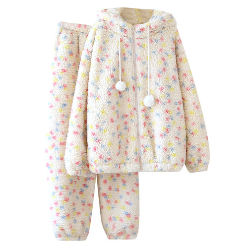 Sweet colorful polka-dot coral velvet hooded pajamas for women, winter plus velvet and thickened home clothes, large size set
