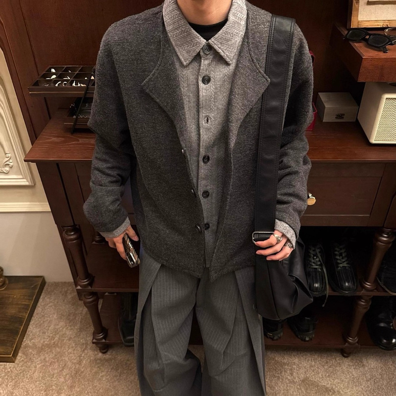 Gray Wheat Ear Jacquard Fake Two-Piece Knitwear Men's Autum High-End Niche Shirt Collar Splicing Knitwear Top