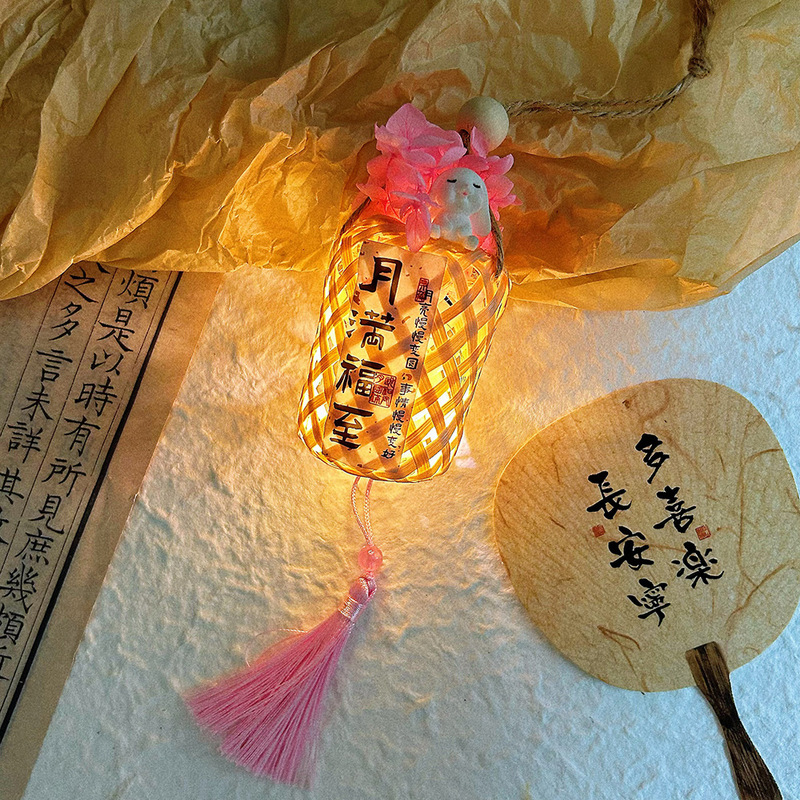 2025年新款中秋节竹编古风发光兔子灯笼花灯手提灯笼diy 手工材料|undefined