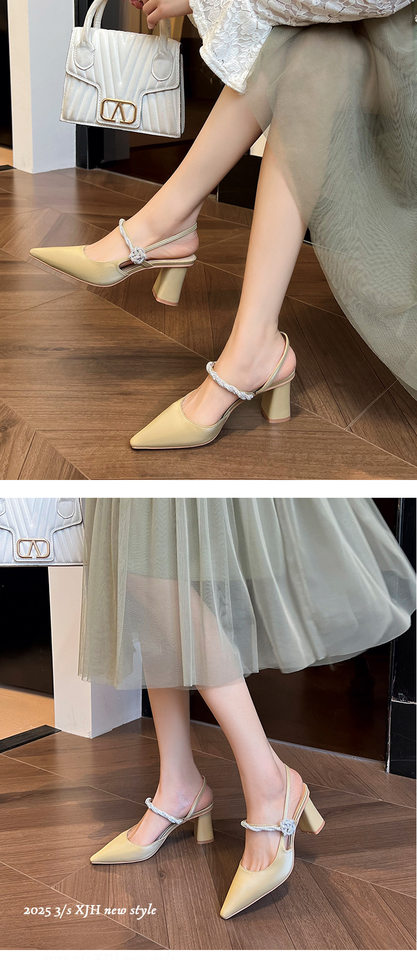 Dép sandal nữ bít mũi mũi nhọn gót thô đính đá hoa, gót 3–6 cm — Màu nâu, Màu trắng be, Màu xanh lục nhạt chi tiết 12