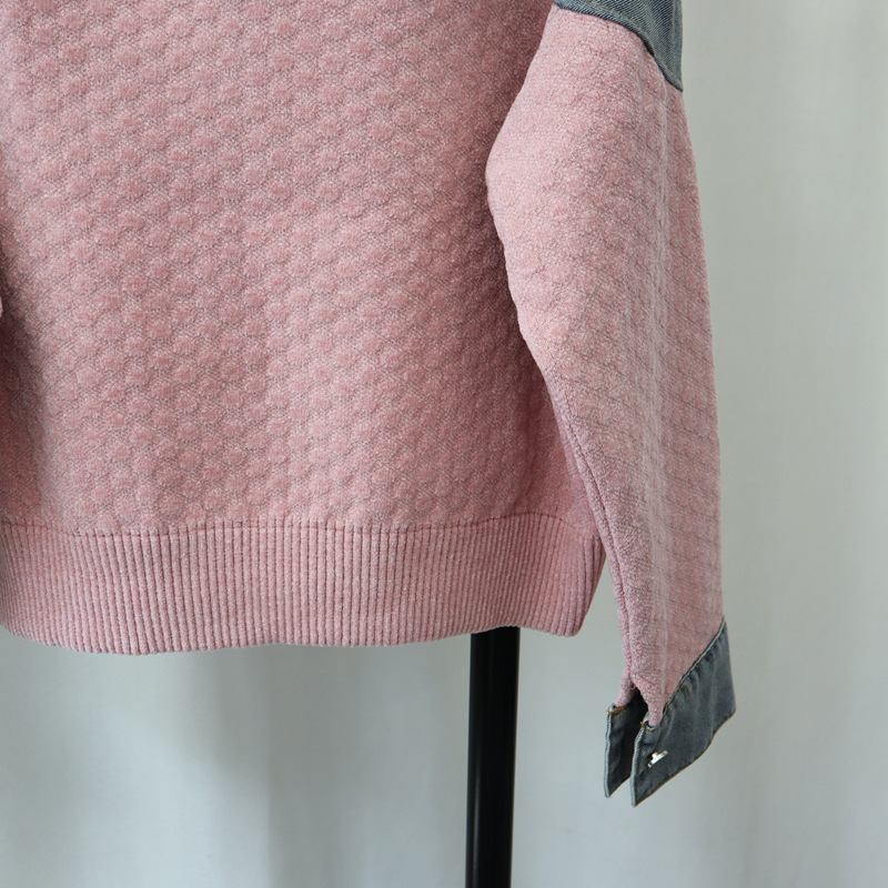 Women's Clothing autumn and winter new splicing denim knitted cardigan loose contrast color casual temperament sweater jacket for women_voghion.com