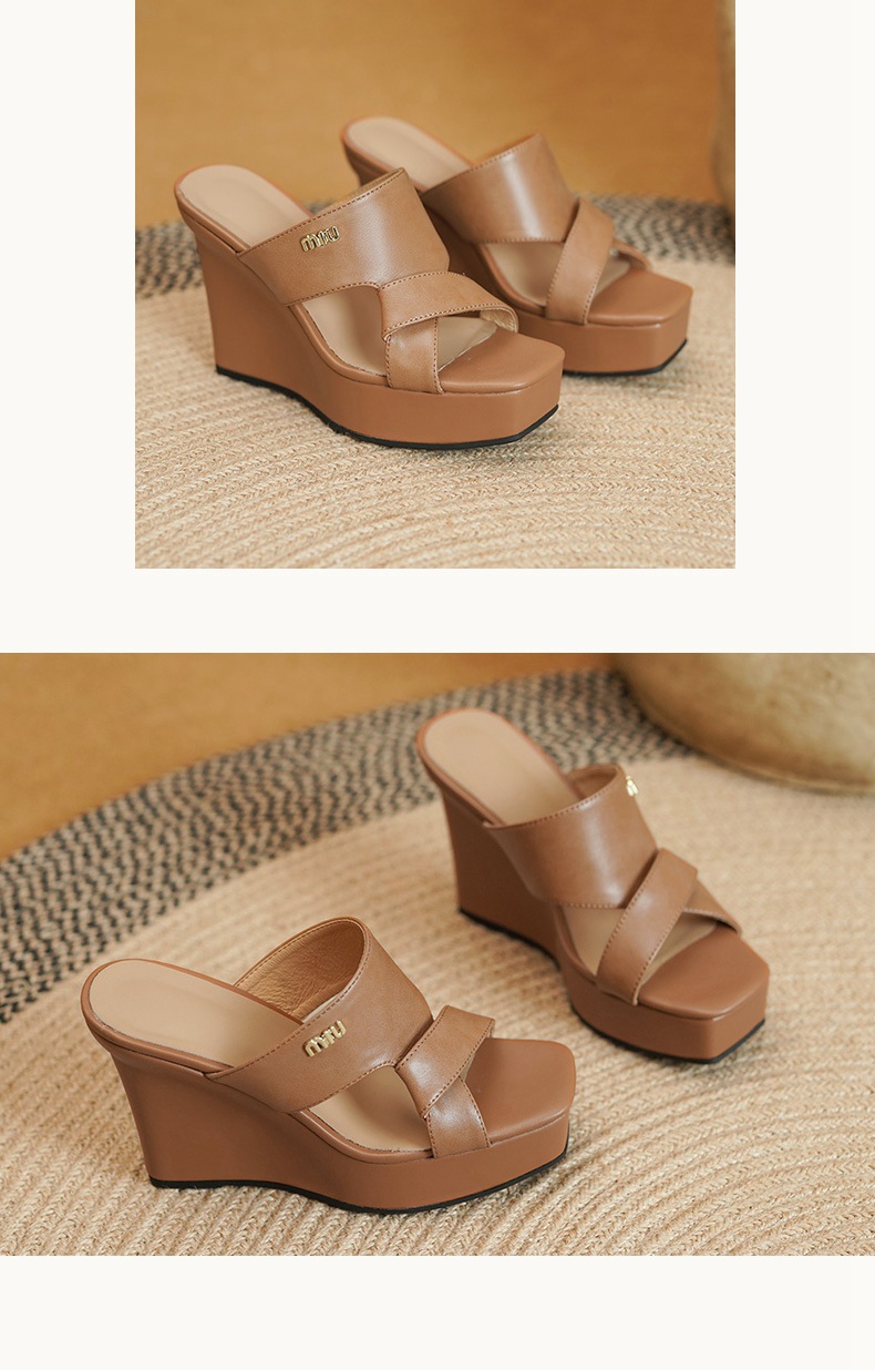 Sandal nữ hở mũi da bò đế xuồng cao gót mùa hè phong cách Âu Mỹ — màu nâu chi tiết 6
