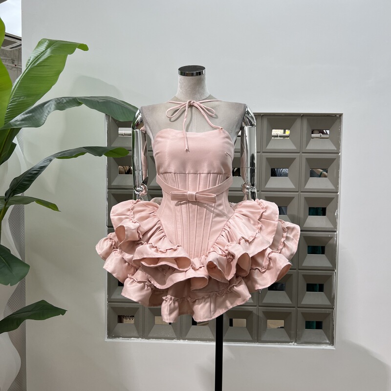 Three-dimensional girly strap cake puffy dress fishbone waist party dress with same color pumpkin shorts