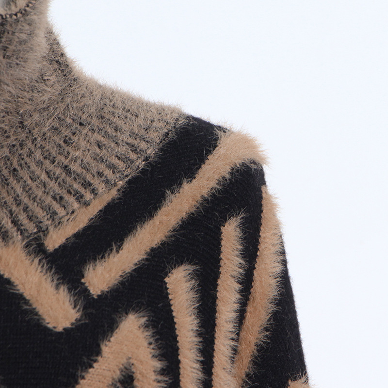 Loose Knitted Dress Winter Stand Collar Oblique Buckle Long Sleeve Mink Hair Sweater with Belt