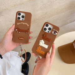 秋冬刺繍のかわいいダックスフント柄 iPhone17/Apple 16ProMax/15/14対応 スマホケース（ストラップ付き）