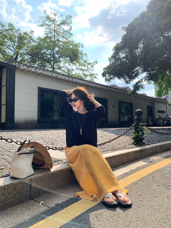 气质慵懒时尚套装裙女夏季新款薄款露背长袖T恤上衣半身裙两件套|undefined