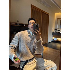 美拉德灰咖色编织麻花亨利领针织衫外套男潮牌美式冬季POLO衫毛衣