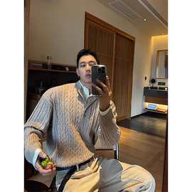 美拉德灰咖色编织麻花亨利领针织衫外套男潮牌美式冬季POLO衫毛衣