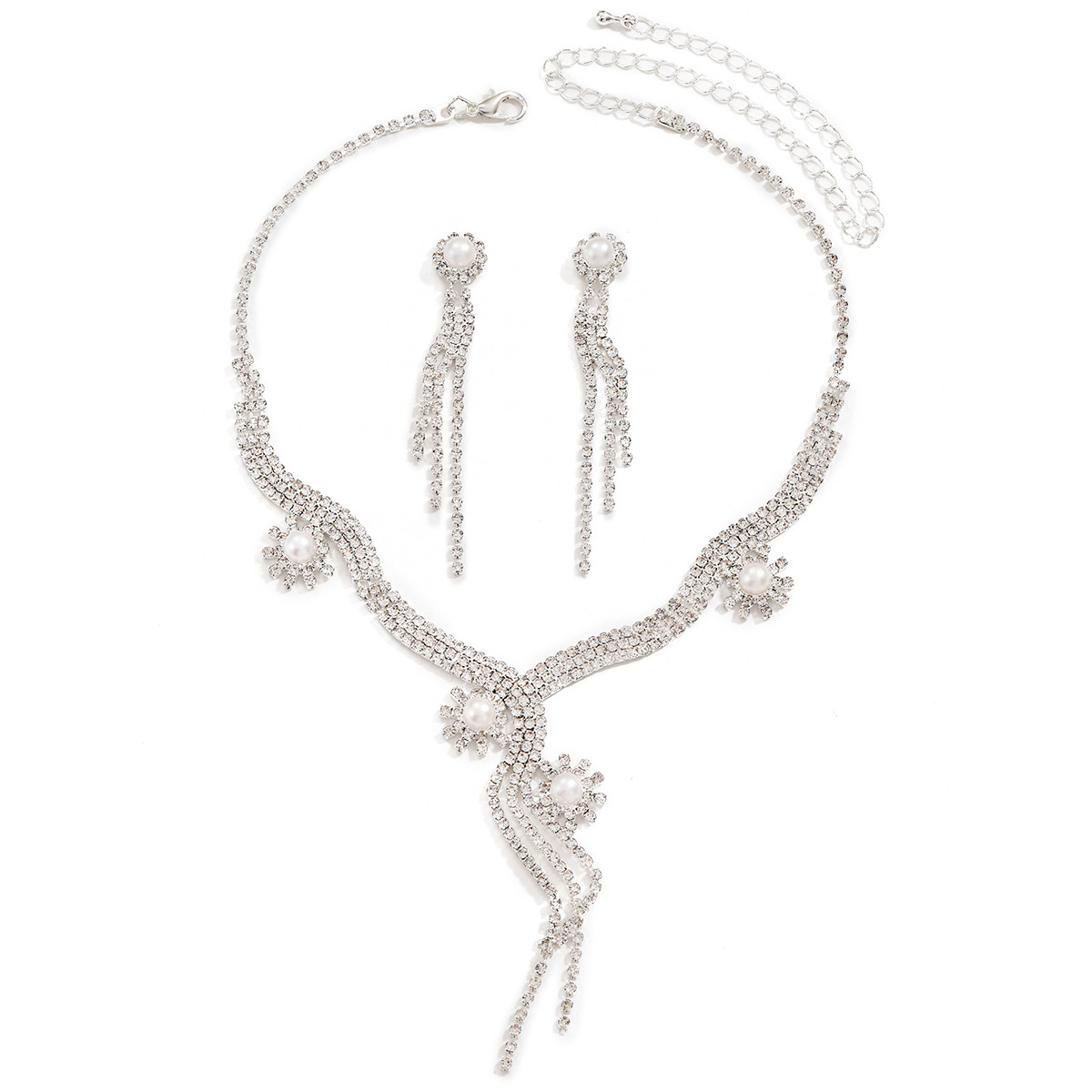 Joyería popular europea y americana de alta gama de La Boda nupcial del Partido de las mujeres de imitación perla agua diamante borla collar espárragos conjunto