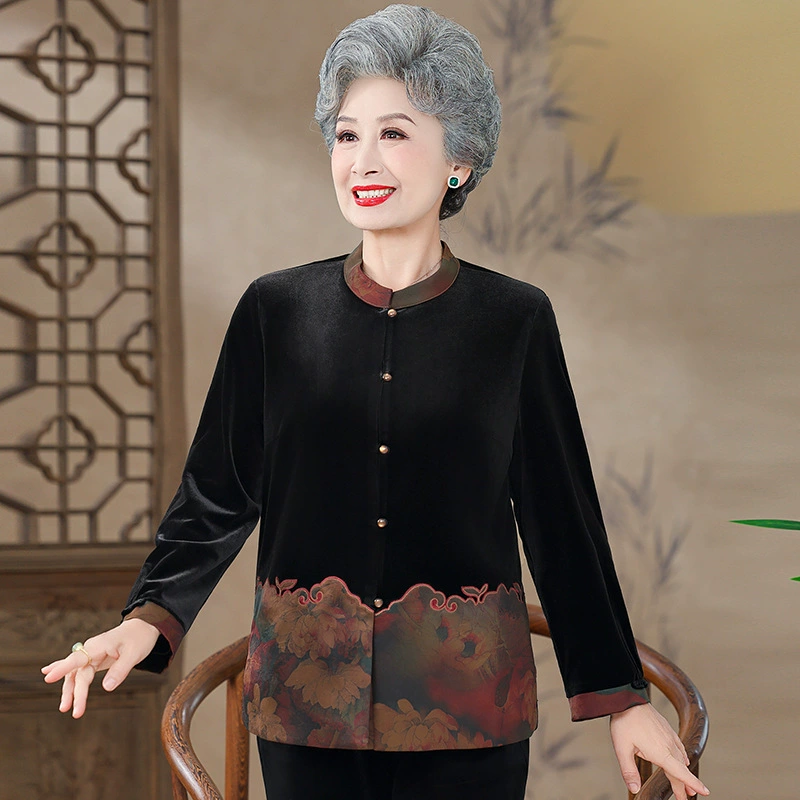 Мама осенняя золотая бархатная рубашка среднего и пожилого возраста благородный ретро топ женская 60-летняя бабушка весенне-осеннее пальто