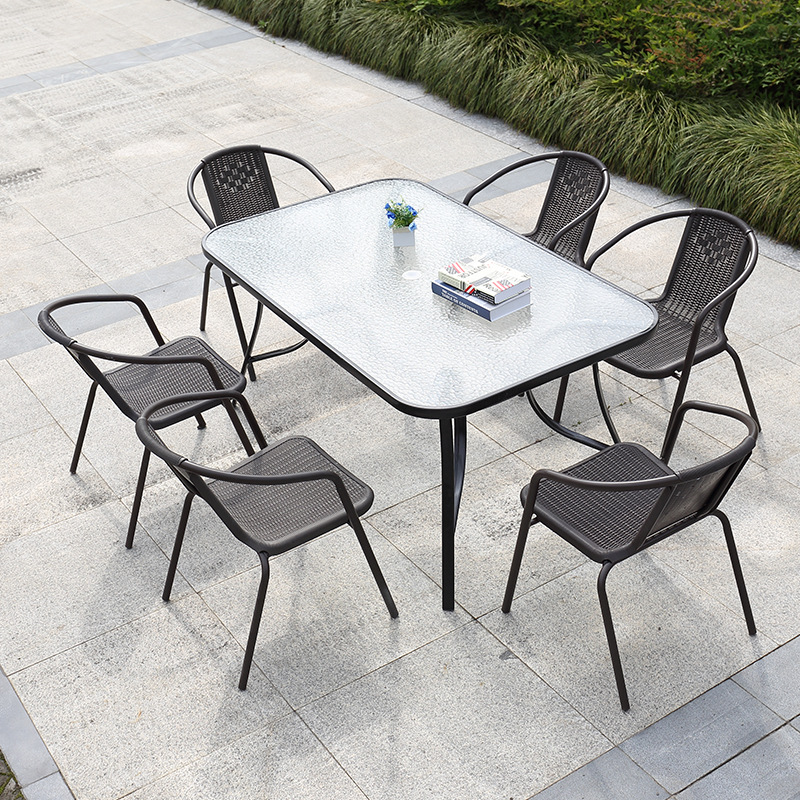 Outdoor table and chair set with umbrella, courtyard combination leisure outdoor balcony wrought iron three-five piece set, courtyard rattan chair set