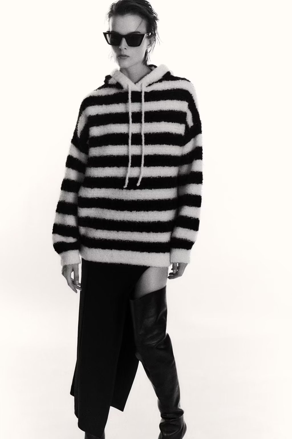 loose long sleeve hooded striped knitted sweater NSAM139676