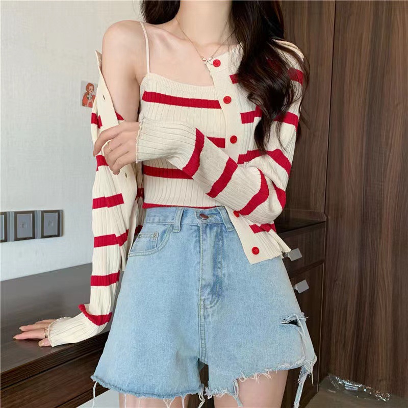 81g Weight Long Sleeve Sleeve Length Single Breasted Placket Type Ice Silk, Polyester Fabric Type Short Top Length Knitwear Tops Type Daily Occasion Round Neck Neckline Slim Fit Type Stripe Pattern Spring, Autumn Season Women's Gender Casual Style Wholesale Women's Ice Silk Polyester Casual Stripe Long Sleeve Sweaters & Cardigans 2