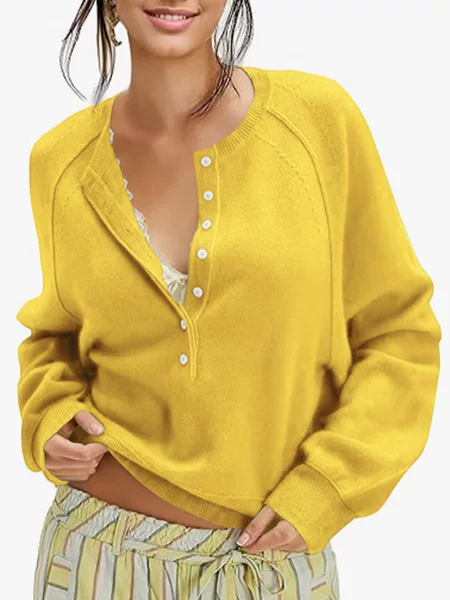 European and American Cross-Border Export Women's Clothing Autumn and Winter Women's Casual Round Neck Sweater Henry Shirt Button Knitted Pullover Top