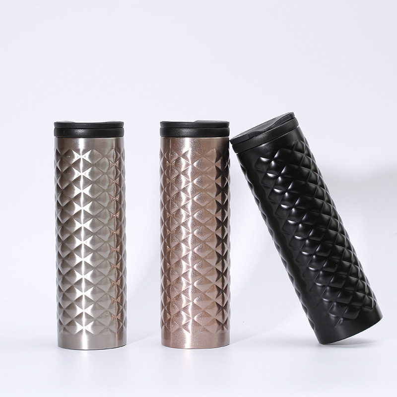 Taza de aislamiento de acero inoxidable personalizada de Amazon 304 taza de cuerpo recto de diamante simple creativa taza de vacío de doble capa