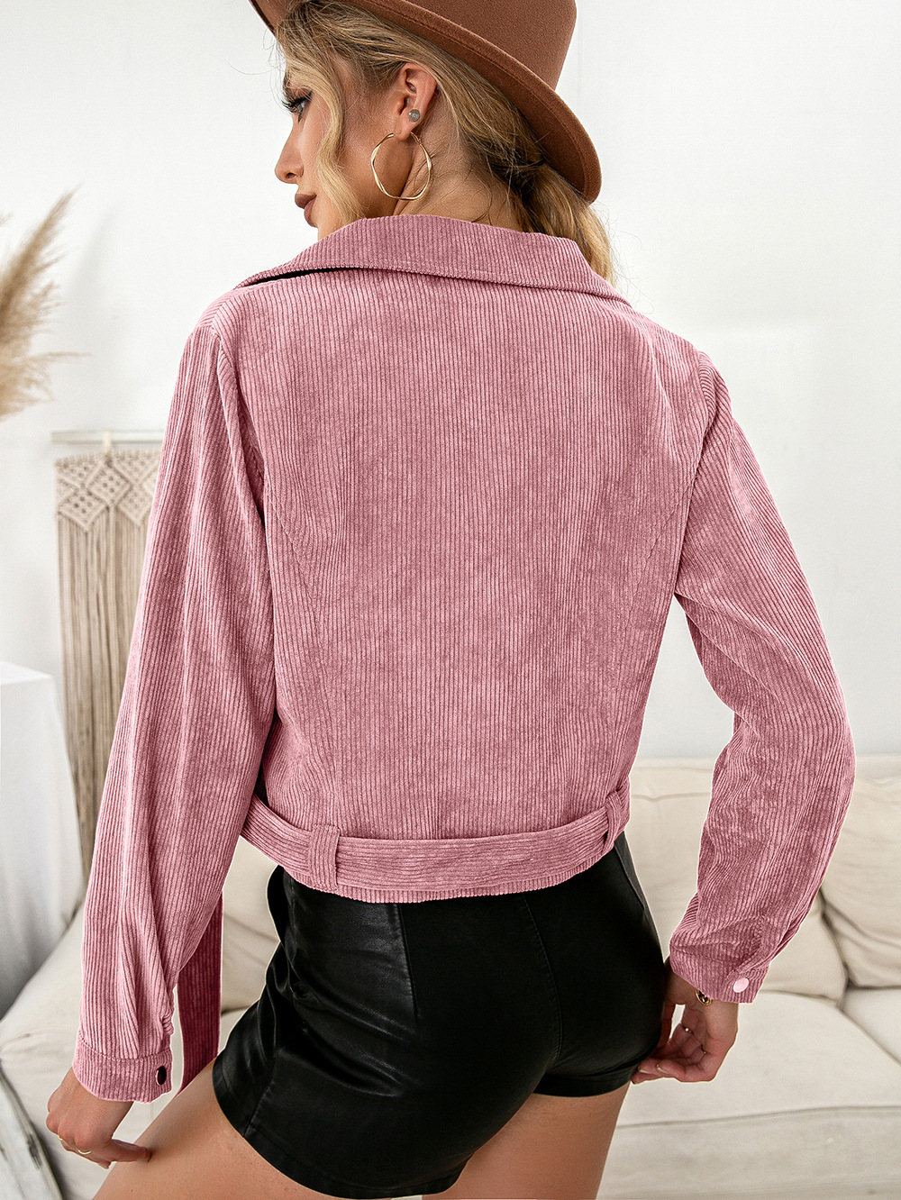 solid color corduroy side zipper long sleeve crop jacket NSYBL136984