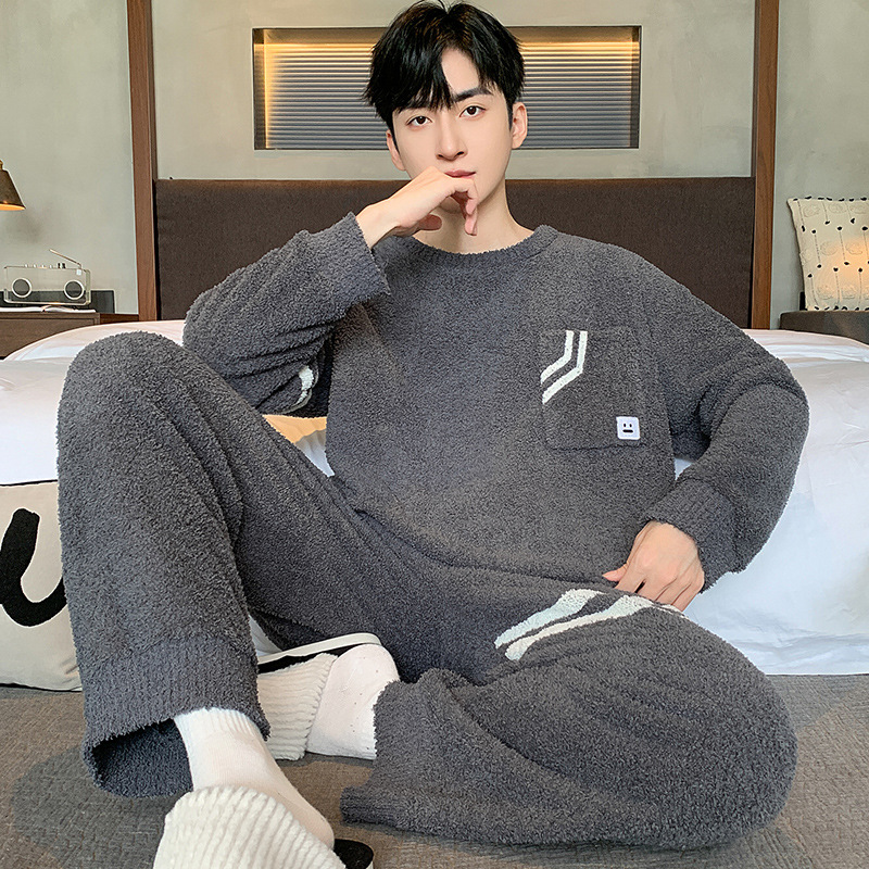 [소프트 하프 벨벳] 가을과 겨울 잠옷 남자 두꺼운 따뜻한 산호 벨벳 홈 의류 세트 제조 업체 도매