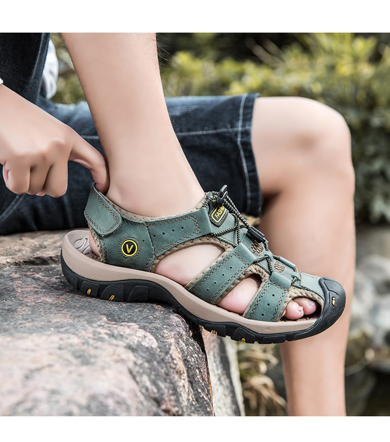 Dép sandal nam da thật quai ngang may thủ công chống trượt, cỡ lớn đến 48 — 7239 Xanh quân đội, 7239 màu xanh lam, 7239 màu đen, 7239 nâu sẫm chi tiết 33
