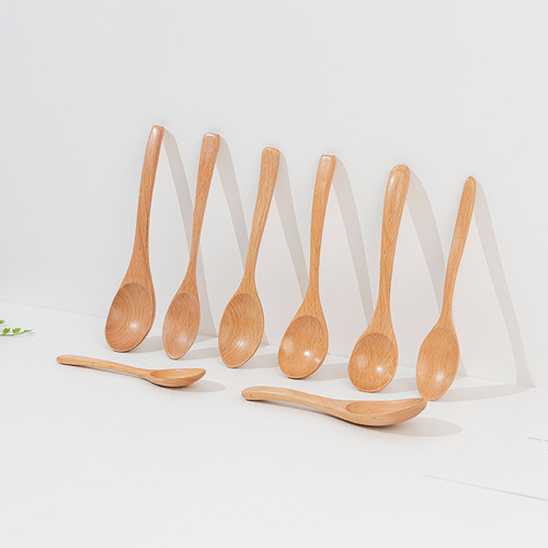 Beech Japanese-style small spoon children's long and short wooden tableware solid color soup spoon portable long handle mixing spoon wholesale