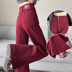 アンゴラの赤い広脚のジーパンの女性2025年と秋のベルベットのダブルボタンの腰がゆったりしています。