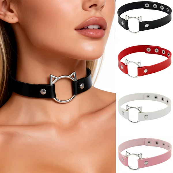 Eco-Friendly Pu Leather Cross-Border Japanese and Korean Harajuku Punk Soft Girl Cat Head Choker Necklace Internet Celebrity Street Style Collarbone Chain Necklace
