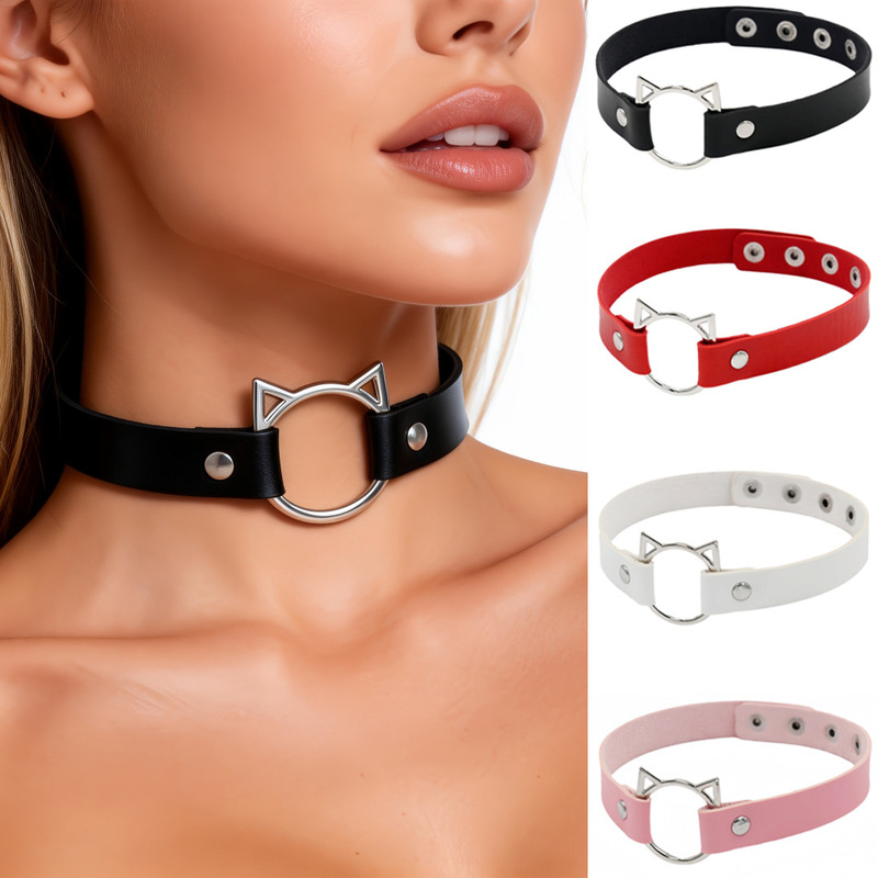Eco-Friendly Pu Leather Cross-Border Japanese and Korean Harajuku Punk Soft Girl Cat Head Choker Necklace Internet Celebrity Street Style Collarbone Chain Necklace Eco-Friendly Pu Leather Cross-Border Japanese and Korean Harajuku Punk Soft Girl Cat Head Choker Necklace Internet Celebrity Street Style Collarbone Chain Necklace
