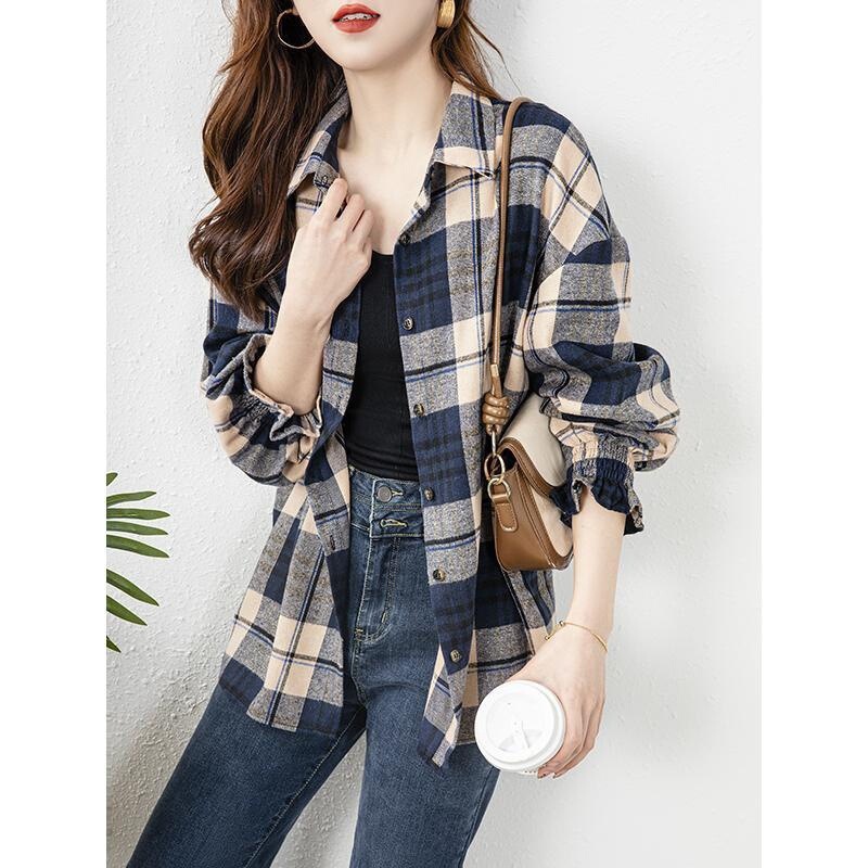 Spring New Women's Loose Slimming Mid-length Butt-covering Plaid Shirt Jacket