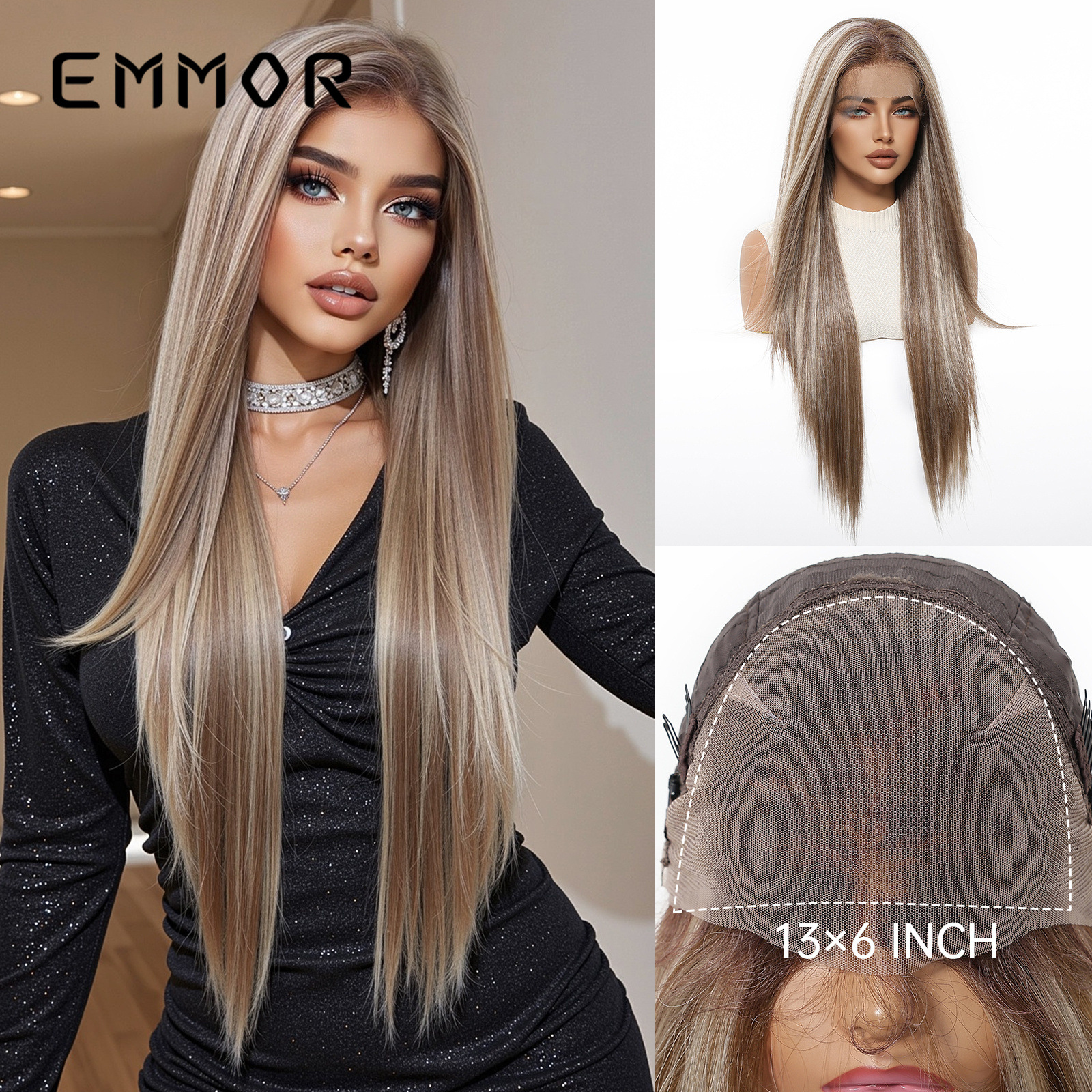 Transfronterizo 13*6 nueva peluca de encaje de gran superficie, pelo liso de longitud media, casco de color degradado marrón, lugar de fábrica