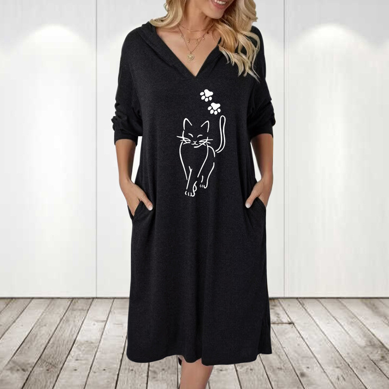 2023 autumn and winter New European and American women's cross-border knitted pocket casual hooded collar cat print dress