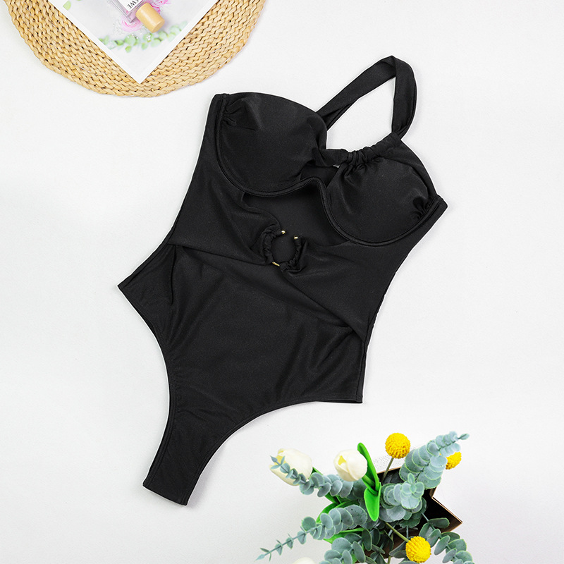 Damen Badeanzug Mit One Shoulder Schnitt Und Metall-schnalle_voghion.com