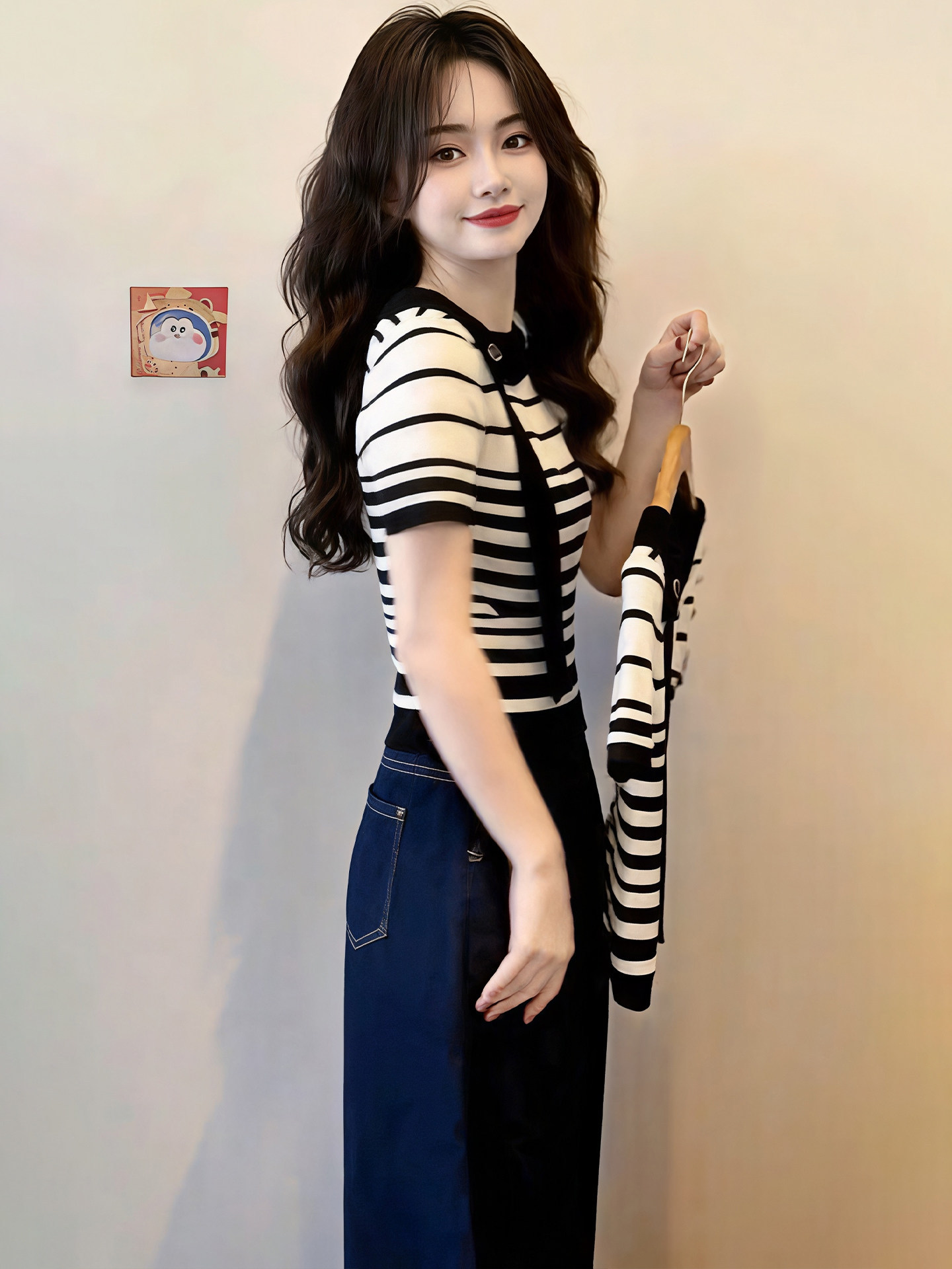 Áo thun nữ sọc chéo vai tay ngắn form ôm — màu đen chi tiết 5