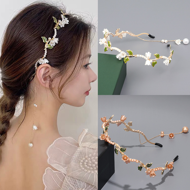 New 8-Color Antique Style Headdress Lily of the Valley Imitation Pearl Tassel Headband Super Fairy Ear Hanging Pendant Leaf Headband