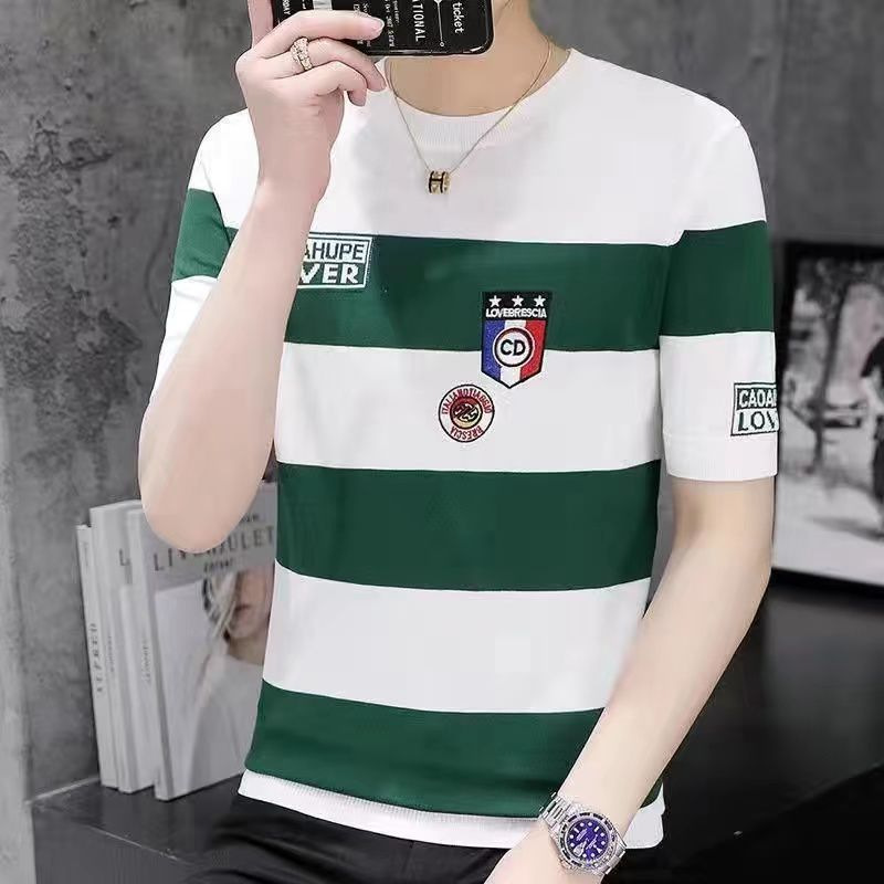 2022 Men's Striped Short-Sleeved T-shirt Summer Korean Style Trendy Ins Short-Sleeved Boys Crew Neck T-shirt Thin Top