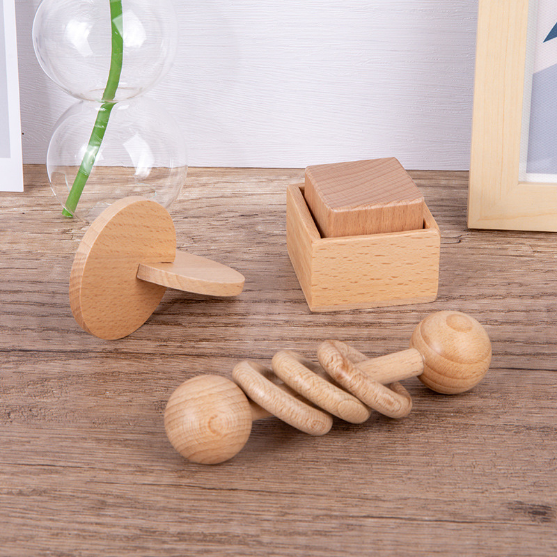 Infant soothing grip grip wooden rattle baby molars interactive Beech educational toys early education shape