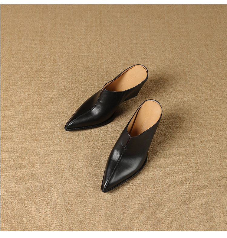 Giày mule nữ da bò mũi nhọn gót cao 7 cm phong cách Âu Mỹ — đen chi tiết 15
