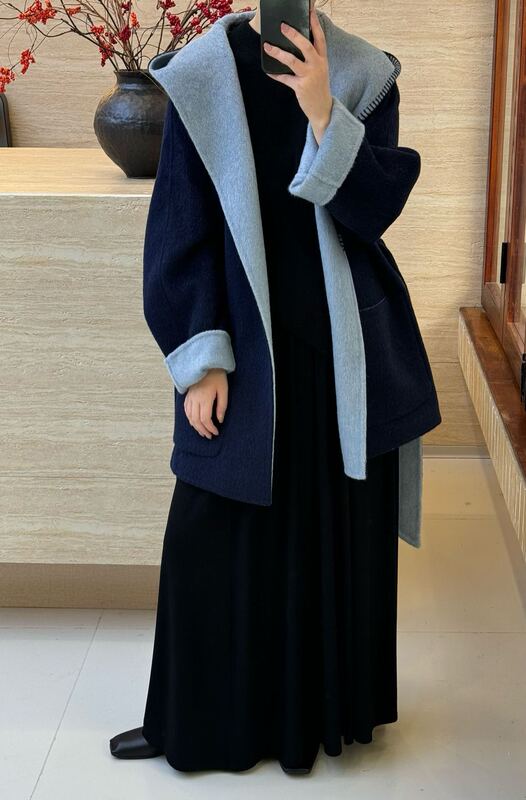 韩版双面穿拼色双面羊毛大衣女短款秋冬连帽系带宽松斗篷AB面外套|undefined