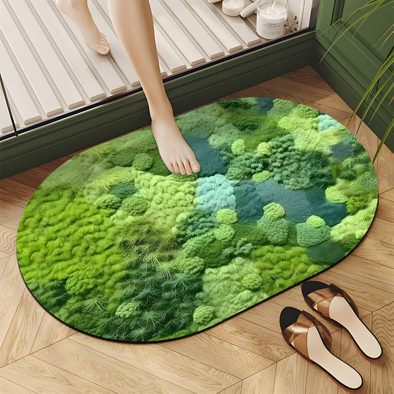 Imitation Moss 3D Crystal Velvet Floor Mat Green Bathroom Absorbent Soft Foot Mat Household Quick-Drying Oval Absorbent Quick-Drying