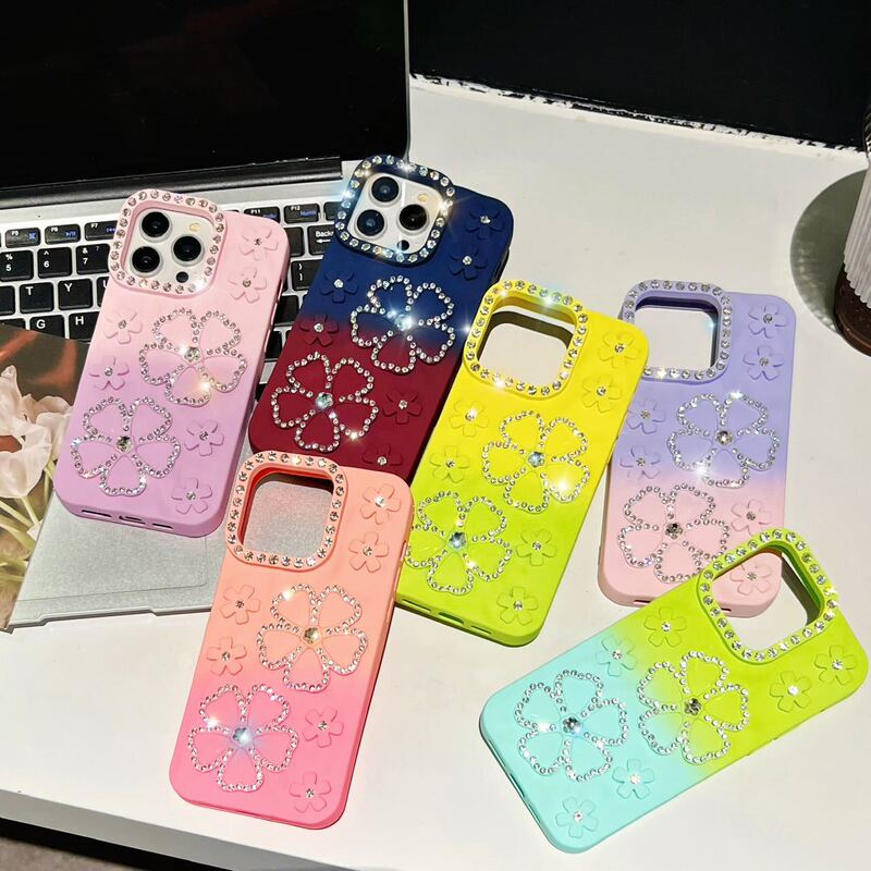 Flower Diamond Leather Phone Case for iPhone 15, Gradient Diamond Two-Tone, Suitable for 12 Pro Max, Cross-Border Amazon