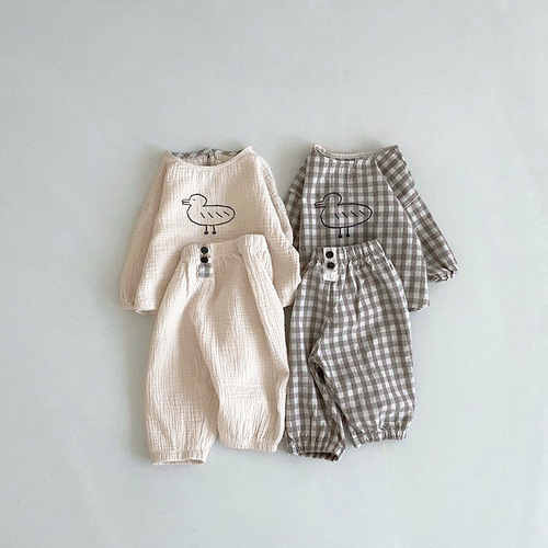 Baby cute cartoon duck suit linen cotton top pants Korean children's clothing baby casual plaid two-piece set
