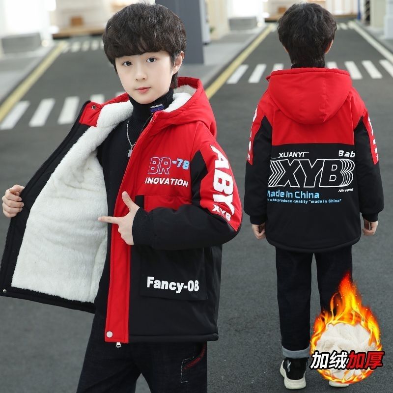 Boys' Winter Fleece-Lined Thick Coat 2025 New Style for Older Children, Stylish Winter Cotton Jacket Trench Parka Top