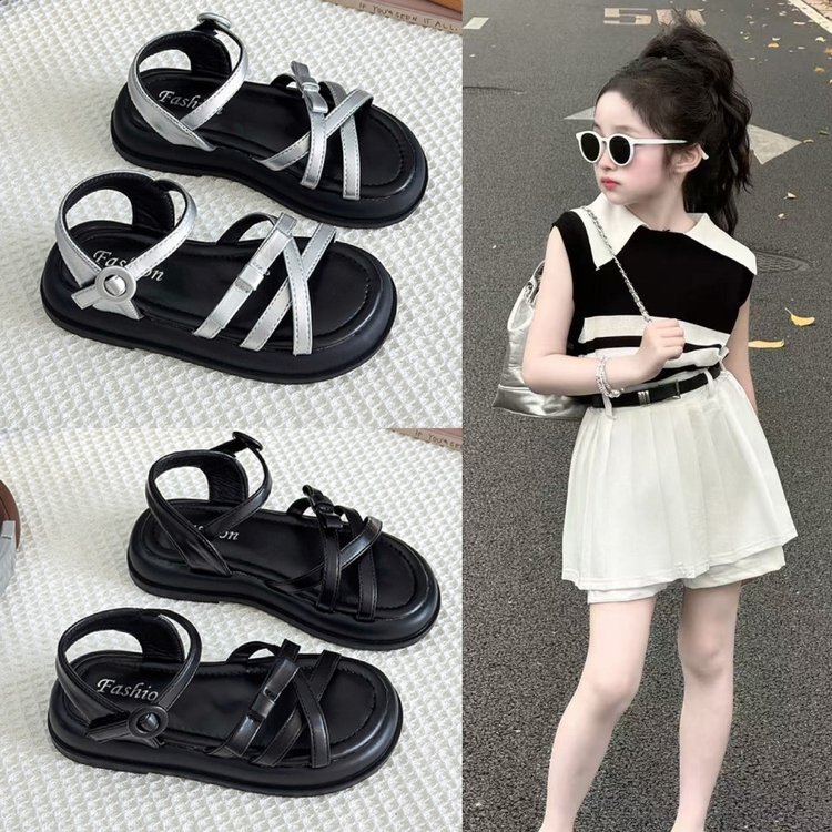 Children's Sandals Girls Soft Sole Fashionable Girls' Shoes Big Children's Princess Shoes Silver Roman Beach Shoes Summer Children's Shoes