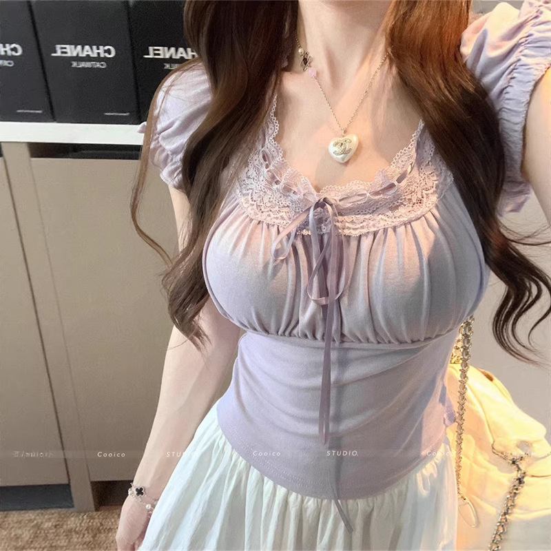 Gentle and Sweet Spicy Girl Style Lace Patchwork Tie-Up U-Neck Short-Sleeve T-Shirt, Summer Fashion, Elegant and Slim-Fit, Versatile Solid Color Top