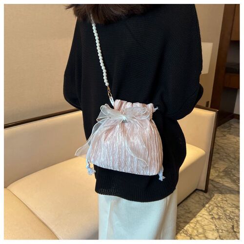 Niche fashion high-end bow crossbody bag autumn and winter new style simple and versatile one-shoulder bucket bag pearl small bag