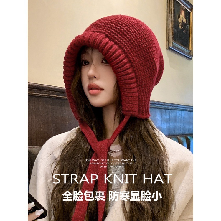 包包帽子女秋冬季慵懒绑带巴拉克拉针织帽甜美保暖护耳百搭毛线帽|undefined