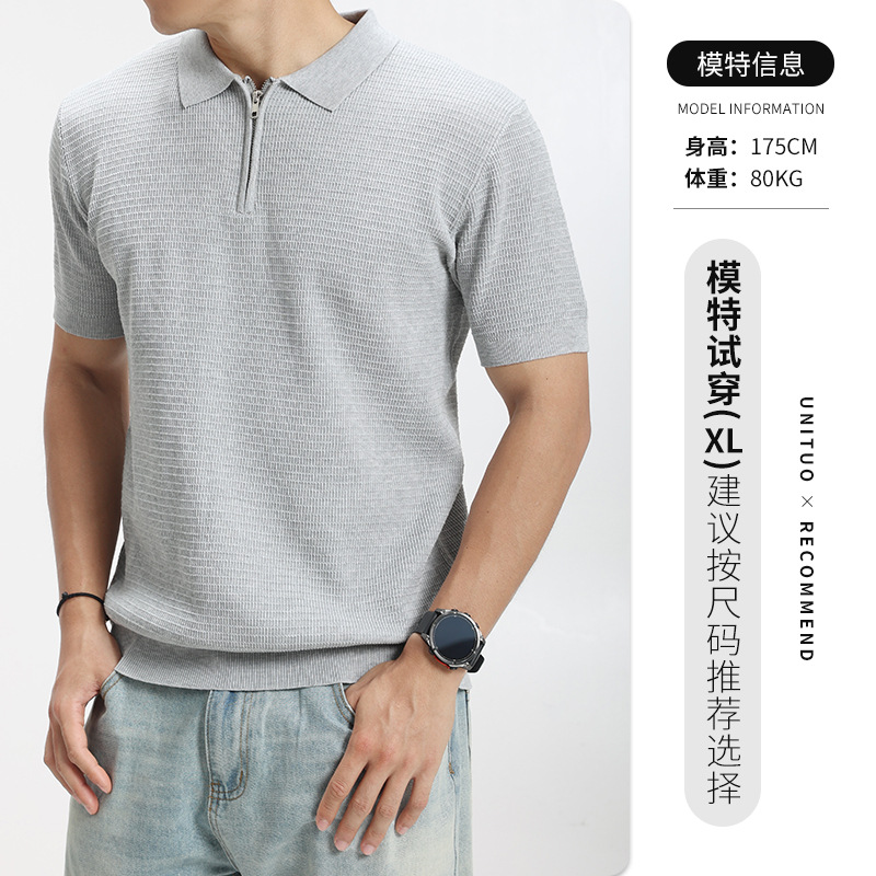 Waffle polo de hielo de punto para hombre con cremallera de collar de manga corta de negocios de alto nivel camiseta casual para hombre