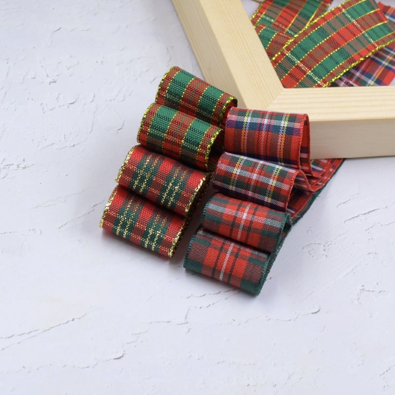 1.6厘米圣诞印刷格子丝带DIY礼品礼盒手工蝴蝶结现货100码一卷