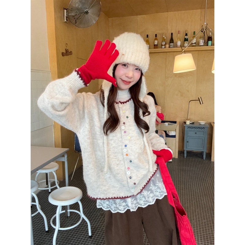 实拍~秋季新款韩版宽松彩扣撞色软糯百搭针织毛衣开衫外套女88410|undefined