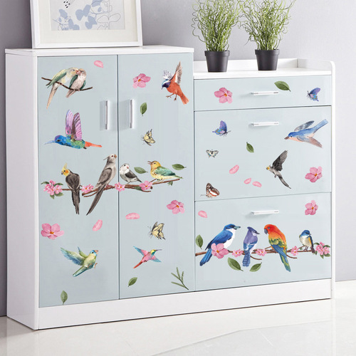 New spring colorful branches, flowers, birds, hummingbirds, butterflies, electrostatic glass stickers, window glass showcases, wall stickers, anti-collision