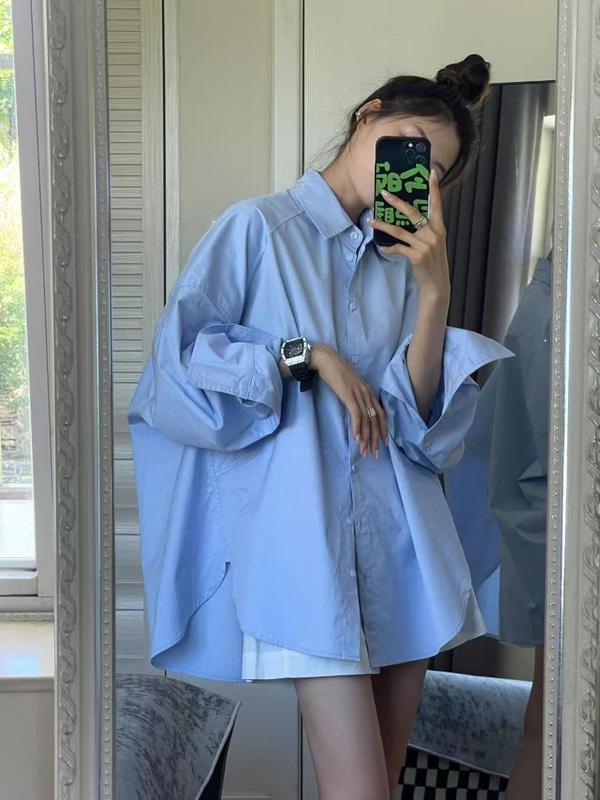 JYCCCCCC白色长袖衬衫女宽松纯色慵懒风早秋上衣女装日韩慵懒衬衫|undefined